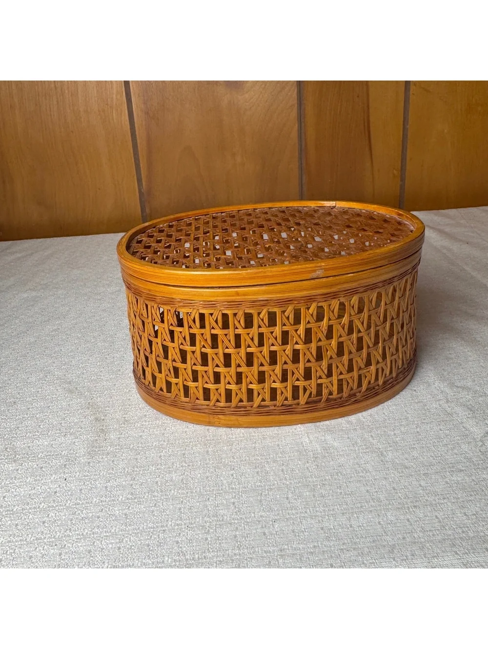 Vintage Shanghai Handicrafts Wicker Basket Lidded Oval Chinese Rattan Box